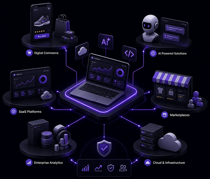 Engineering solutions illustration showing e-commerce, SaaS, AI, marketplaces, retail systems, and cloud infrastructure connected around a laptop.